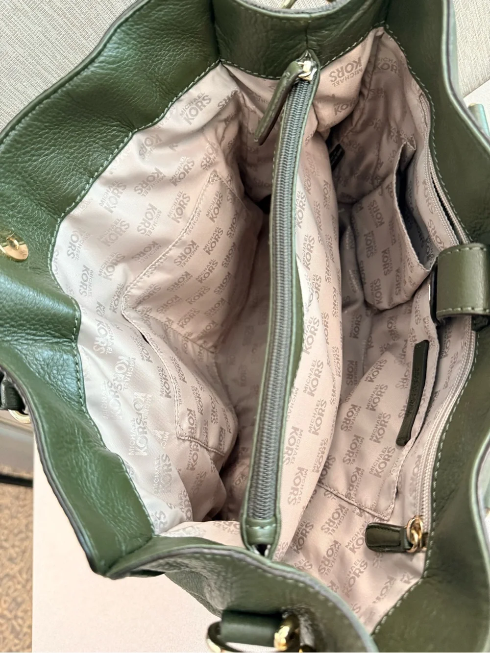 Michael Kors Dark Olive Hamilton Leather Satchel with Gold Hardware